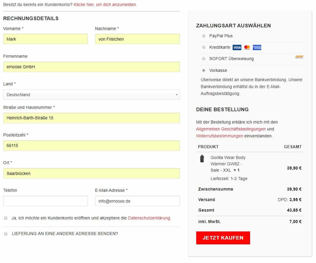 Wie ein optimaler Bestellvorgang in einem WooCommerce Shop aussehen sollte 3 Kasse Gorilla Wear DE