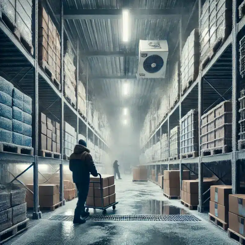 DALL·E 2025 01 15 15.28.40 A cold storage warehouse interior during winter with low temperatures visible through frosty air and icy surfaces. The scene shows large metal shelve